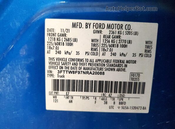 3FTTW8F97NRA20088 2022 FORD MAVERICK Blue 