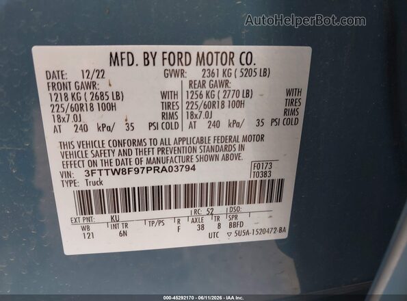3FTTW8F97PRA03794 2023 FORD MAVERICK Blue Vista del compartimento del motor
