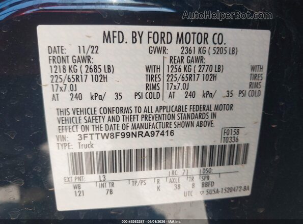 3FTTW8F99NRA97416 2022 FORD MAVERICK Blue Engine compartment view