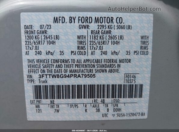 3FTTW8G94PRA79505 2023 FORD MAVERICK Gray Vista del compartimento del motor