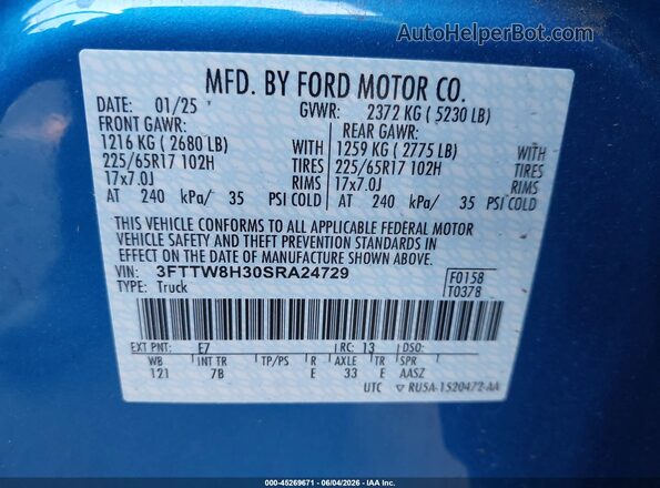 3FTTW8H30SRA24729 2025 FORD MAVERICK Синий 