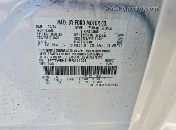 3FTTW8H34RRA91098 2024 FORD MAVERICK White 