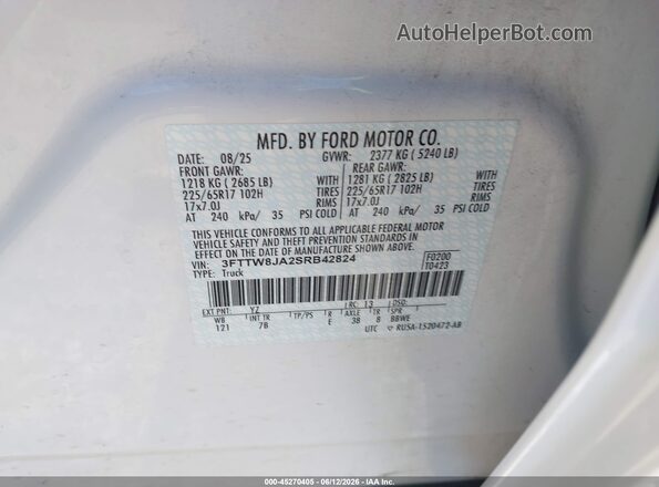 3FTTW8JA2SRB42824 2025 FORD MAVERICK White Vista del compartimento del motor