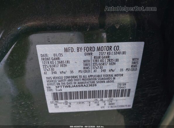 3FTTW8JA6SRA23626 2025 FORD MAVERICK Green Շարժիչի բաժամունքի տեսք