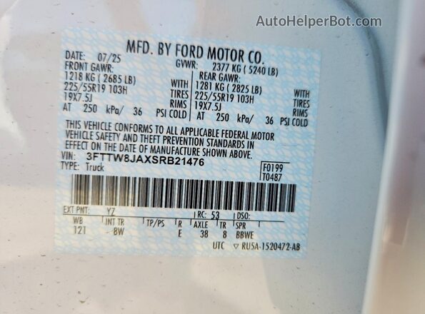 3FTTW8JAXSRB21476 2025 FORD MAVERICK White Շարժիչի բաժամունքի տեսք