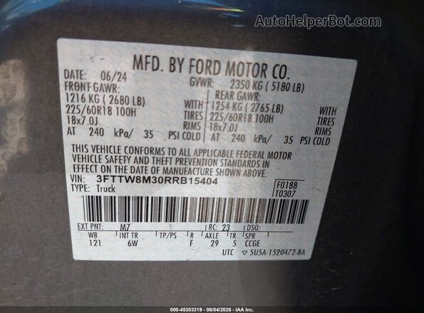 3FTTW8M30RRB15404 2024 FORD MAVERICK Gray Շարժիչի բաժամունքի տեսք