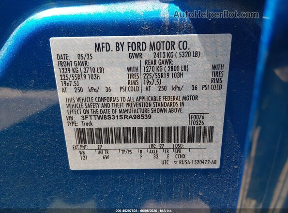 3FTTW8S31SRA98539 2025 FORD MAVERICK Blue Widok komory silnika