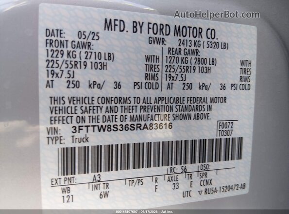 3FTTW8S36SRA83616 2025 FORD MAVERICK White Vista del compartimento del motor