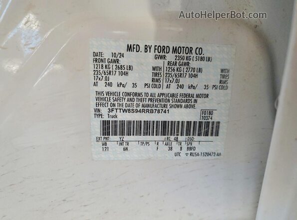 3FTTW8S94RRB78741 2024 FORD MAVERICK White VIN კოდის სტიკერის ხედი