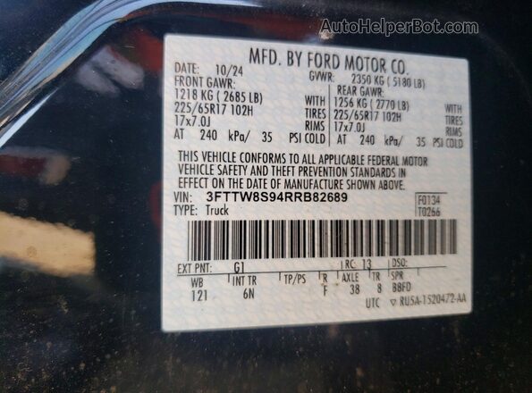 3FTTW8S94RRB82689 2024 FORD MAVERICK Black Вид наклейки з VIN-кодом