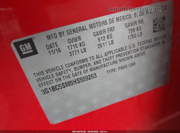 3G1BC5SM5HS559263 2017 CHEVROLET CRUZE Red ძრავის განყოფილების ხედი
