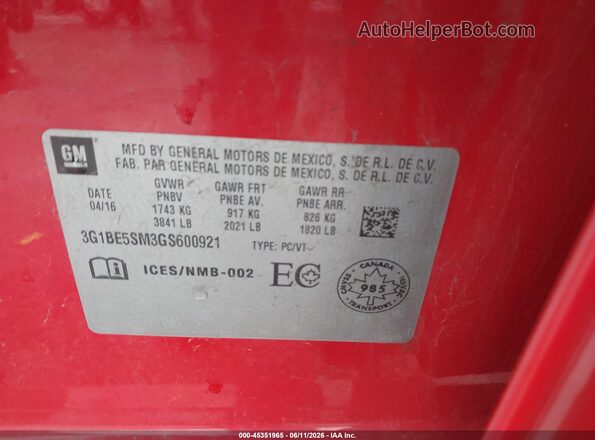 3G1BE5SM3GS600921 2016 CHEVROLET CRUZE Red Vista del compartimento del motor