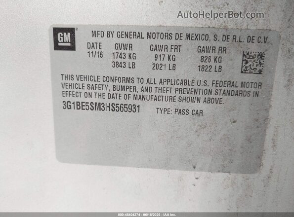 3G1BE5SM3HS565931 2017 CHEVROLET CRUZE Silver Widok komory silnika