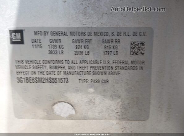 3G1BE6SM2HS551573 2017 CHEVROLET CRUZE Silver Engine compartment view