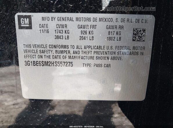 3G1BE6SM2HS557275 2017 CHEVROLET CRUZE Black Vista del compartimento del motor