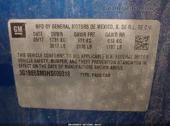 3G1BE6SM3HS609318 2017 CHEVROLET CRUZE Blue Вид підкапотного простору