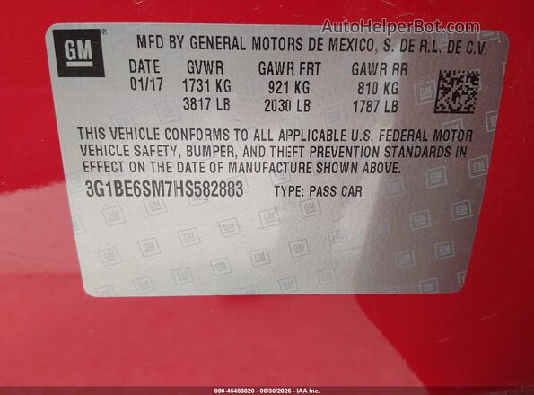 3G1BE6SM7HS582883 2017 CHEVROLET CRUZE Red Շարժիչի բաժամունքի տեսք