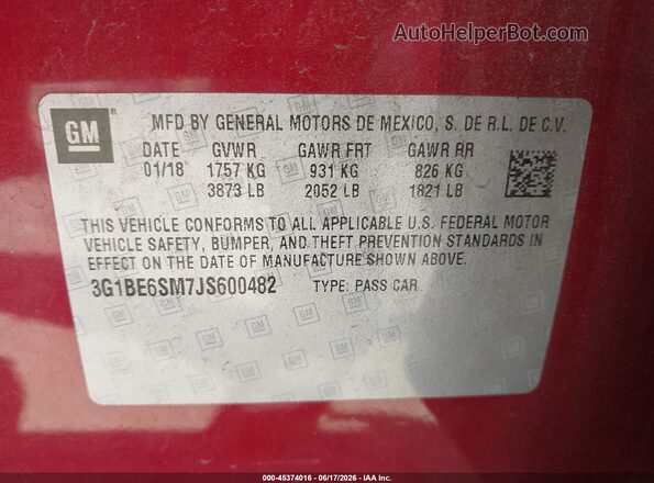 3G1BE6SM7JS600482 2018 CHEVROLET CRUZE Red Widok komory silnika