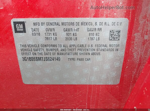 3G1BE6SM7JS624149 2018 CHEVROLET CRUZE Red ძრავის განყოფილების ხედი