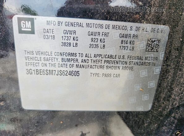 3G1BE6SM7JS624605 2018 CHEVROLET CRUZE Черный Вид наклейки с VIN-кодом