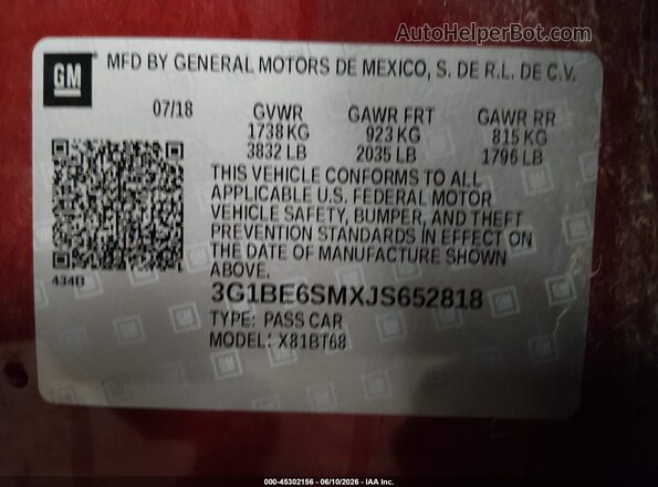 3G1BE6SMXJS652818 2018 CHEVROLET CRUZE Red Vista del compartimento del motor