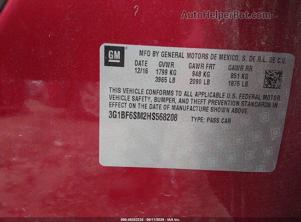3G1BF6SM2HS568208 2017 CHEVROLET CRUZE Red Widok komory silnika