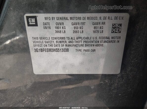 3G1BF6SM3HS513038 2017 CHEVROLET CRUZE Серый Вид подкапотного пространства