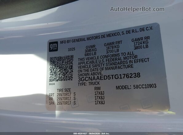 3GCNAAED5TG176238 2026 CHEVROLET SILVERADO White 