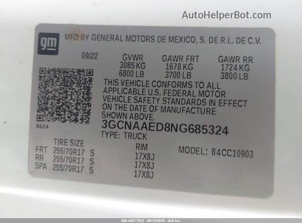3GCNAAED8NG685324 2022 CHEVROLET SILVERADO White Вид підкапотного простору