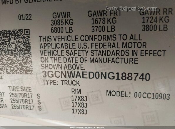 3GCNWAED0NG188740 2022 CHEVROLET SILVERADO White ძრავის განყოფილების ხედი