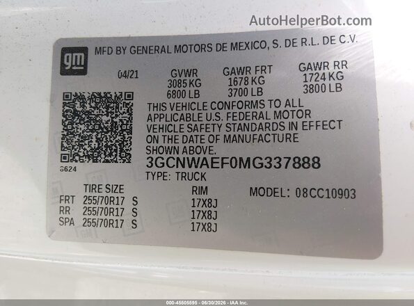 3GCNWAEF0MG337888 2021 CHEVROLET SILVERADO White Вид підкапотного простору