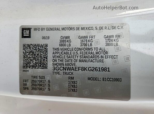 3GCNWAEF8KG261981 2019 CHEVROLET SILVERADO White 