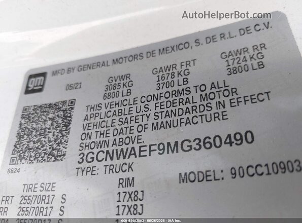 3GCNWAEF9MG360490 2021 CHEVROLET SILVERADO White Widok komory silnika