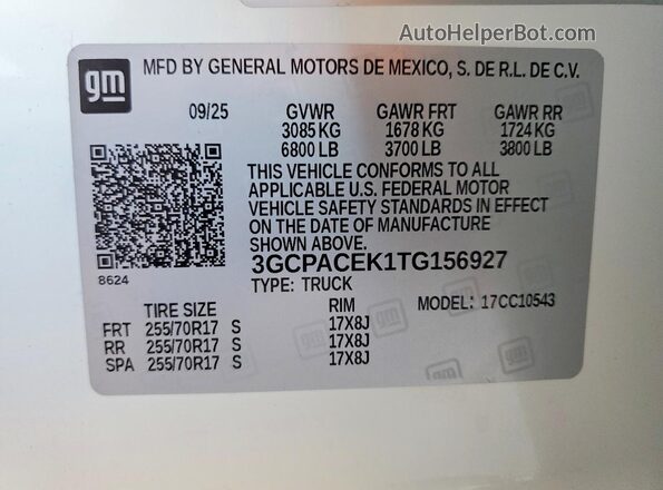 3GCPACEK1TG156927 2026 CHEVROLET SILVERADO Белый Вид наклейки с VIN-кодом