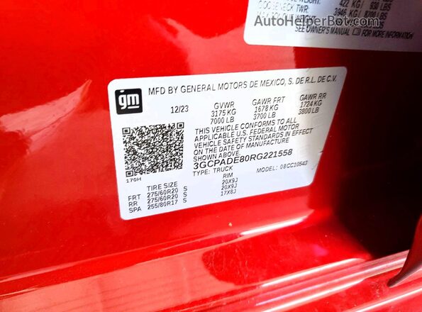 3GCPADE80RG221558 2024 CHEVROLET SILVERADO Red VIN կոդի պիտակի տեսք
