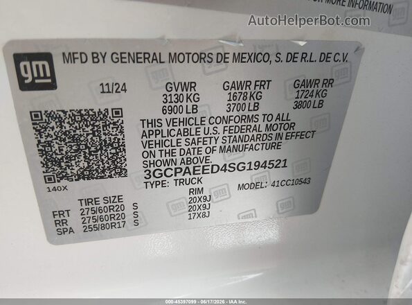 3GCPAEED4SG194521 2025 CHEVROLET SILVERADO White ძრავის განყოფილების ხედი