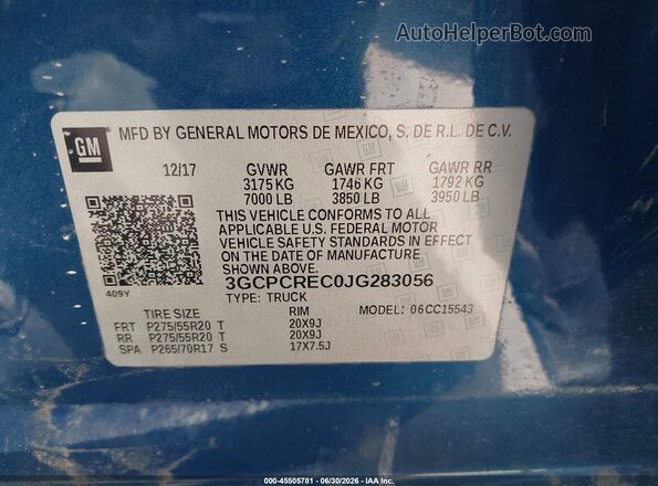 3GCPCREC0JG283056 2018 CHEVROLET SILVERADO Blue Widok komory silnika
