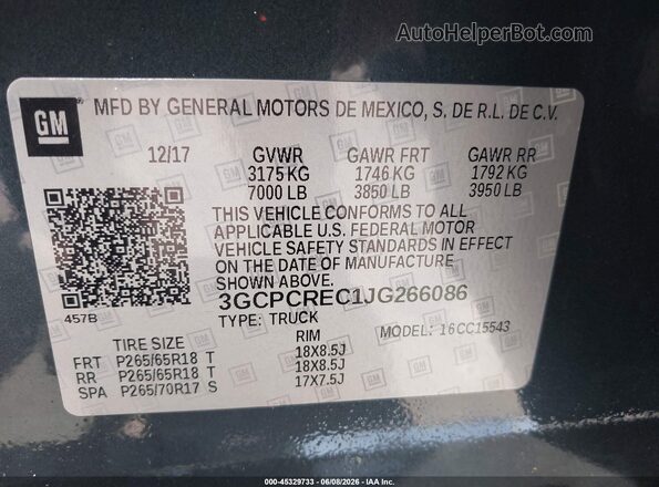 3GCPCREC1JG266086 2018 CHEVROLET SILVERADO Gray 