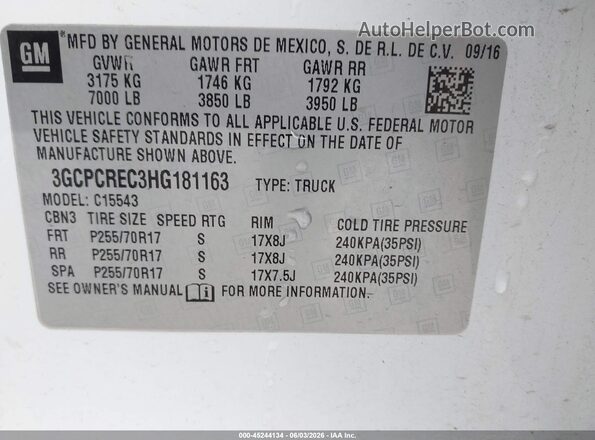 3GCPCREC3HG181163 2017 CHEVROLET SILVERADO White ძრავის განყოფილების ხედი