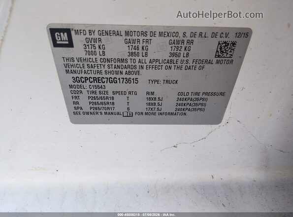 3GCPCREC7GG173615 2016 CHEVROLET SILVERADO White ძრავის განყოფილების ხედი