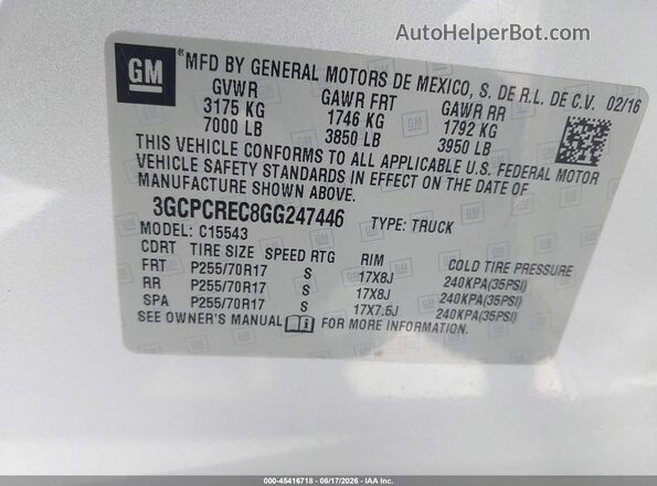 3GCPCREC8GG247446 2016 CHEVROLET SILVERADO Серебряный Вид подкапотного пространства