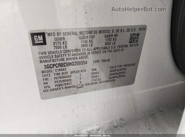 3GCPCREC9HG209354 2017 CHEVROLET SILVERADO White Vista del compartimento del motor
