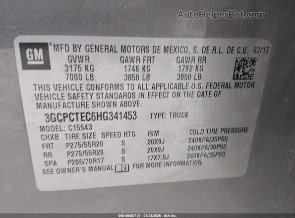 3GCPCTEC6HG341453 2017 CHEVROLET SILVERADO Gray Շարժիչի բաժամունքի տեսք