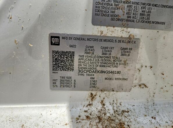 3GCPDAEK8NG546180 2022 CHEVROLET SILVERADO Белый Вид подкапотного пространства