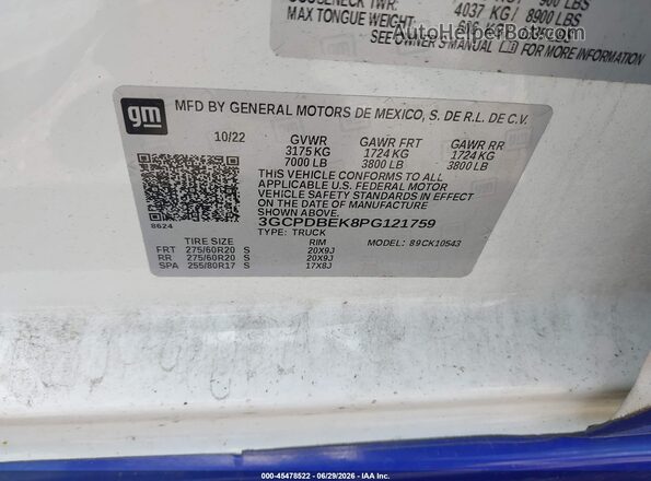 3GCPDBEK8PG121759 2023 CHEVROLET SILVERADO White Widok komory silnika