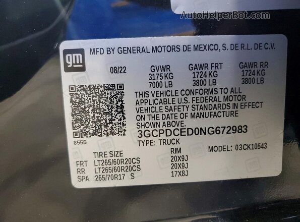 3GCPDCED0NG672983 2022 CHEVROLET SILVERADO Black Vista de la etiqueta del VIN