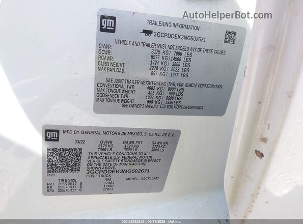 3GCPDDEK3NG502671 2022 CHEVROLET SILVERADO White Вид підкапотного простору