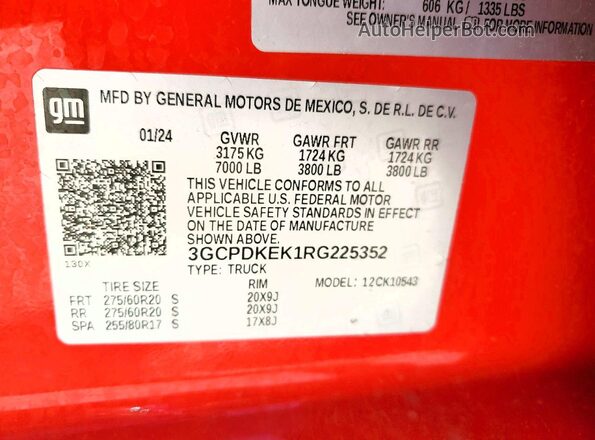 3GCPDKEK1RG225352 2024 CHEVROLET SILVERADO Красный Вид наклейки с VIN-кодом