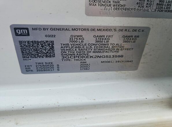 3GCPDKEK2NG513598 2022 CHEVROLET SILVERADO White VIN sticker view