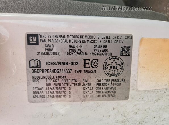 3GCPKPEA4DG344337 2019 CHEVROLET SILVERADO White VIN კოდის სტიკერის ხედი